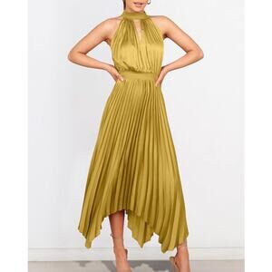 ANRABESS Sleeveless Cutout Halter Neck Satin Formal Dress Smocked Pleated